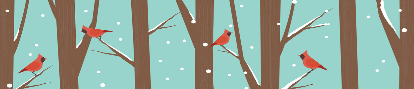 Artistic rendering of bare trees in winter, cardinals perched on four of the branches.